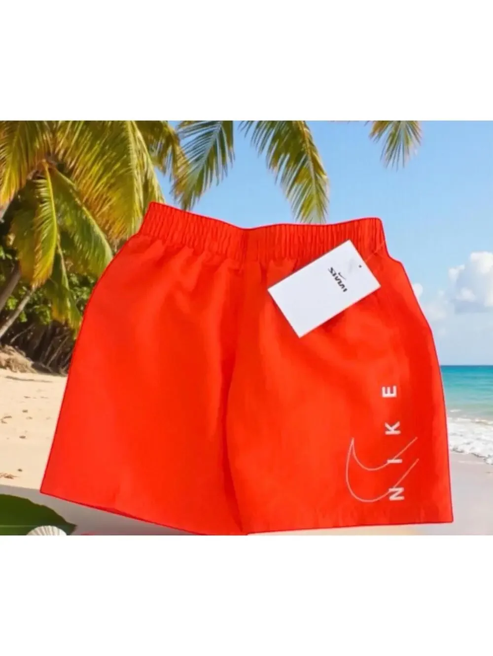 $35 Nike Swoosh Swim Trunks Shorts  Boys Small (4-5) Orange Print Mesh